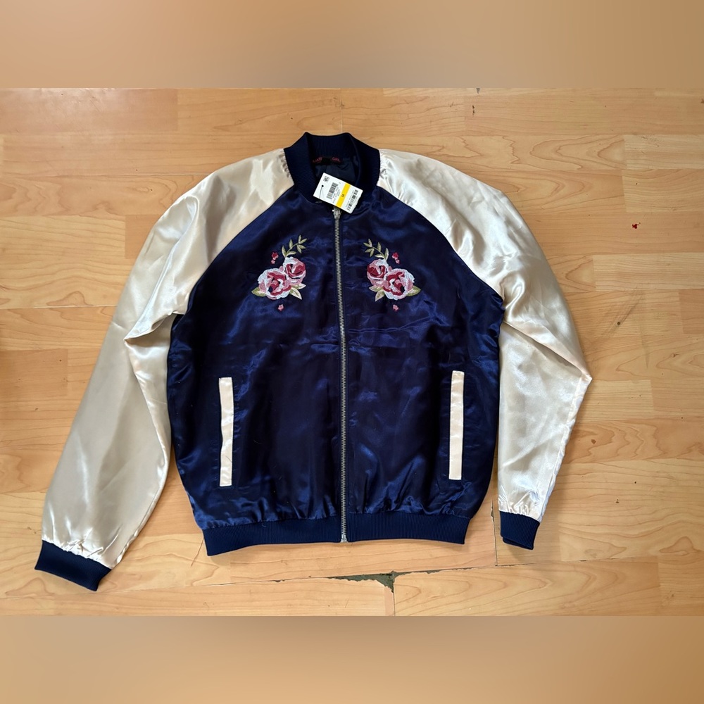 NEW MATERIAL GIRL Navy Blue Beige Embroidered Floral Varsity Jacket Size M AB19